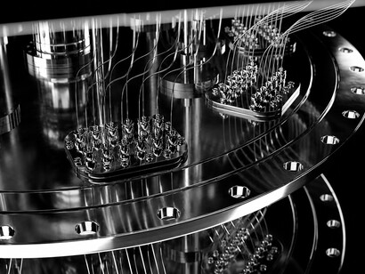A futuristic glowing quantum computer rendered in detailed 3D, showcasing advanced technology and next-generation computing power