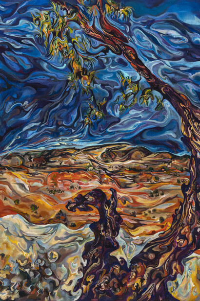 Maria Calandra,
Leaning Old Juniper at Ghost Ranch (detail), 2023.
Acrylic on linen, 60 x 45 inches. Courtesy of Fredericks & Freiser, NY