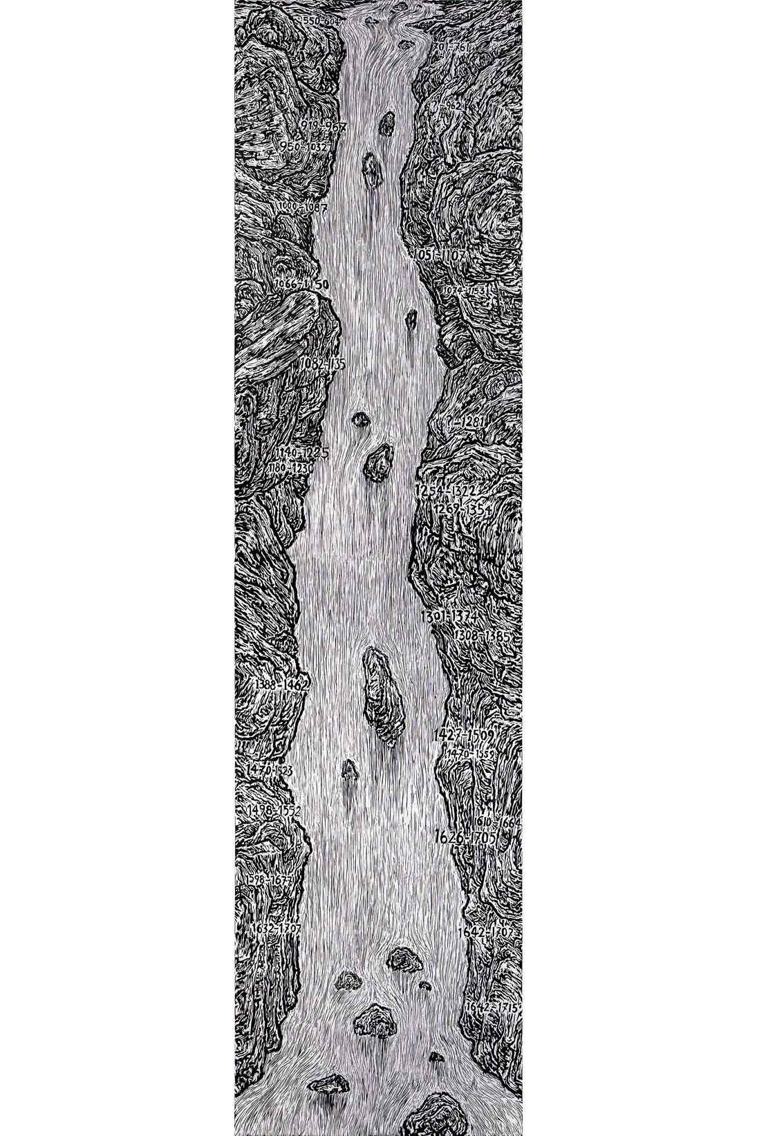 Ni Youyu «历史观» (View of History), 2014, Hanging scroll with handmade woodblock print, 450 x 90 cm
(177 1/8 x 35 3/8 in.), Courtesy Galerie Nathalie Obadia, Paris/Bruxelles