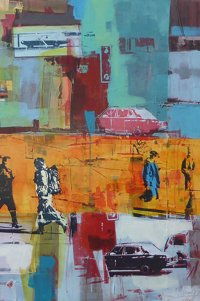 Dan Parry Jones 
'City Morning' 
Acrylic, Oil, Collage and screen print on board. 
80x80cm
