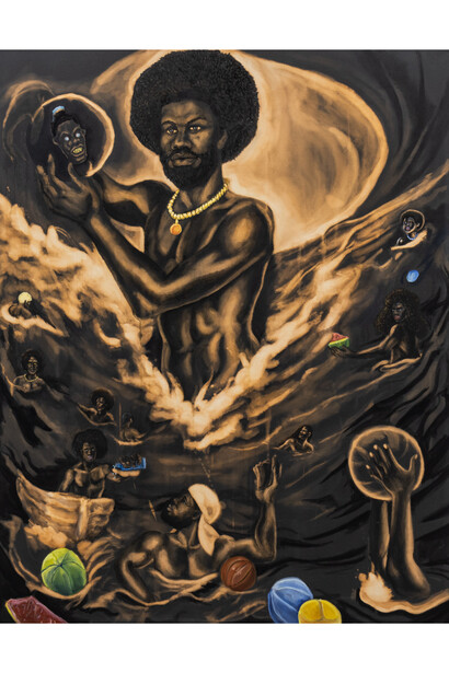 © Anthony Peyton Young; “My Father the Titan Parting Water for My Creation,” 2023; bleach, black 3.0, and oil on canvas; 58x54 inches, Courtesy of Clamp Gallery, New York