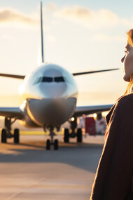 A captivating travel scene, a close-up portrait of a woman against the backdrop of a plane, embodying the spirit of adventure and exploration