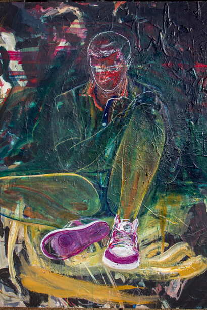 Jared Brook,
The Portrait of J (detail), 2023.
Acrylic and white charcoal on cradled hardboard,
40 x 30 x 2.25 in,
101.6 x 76.2 x 5.71 cm. Courtesy of the artist and Villazan