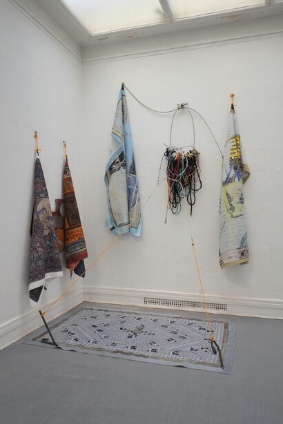 U. Kanad Chakrabarti, Clifford Torus, 2014. Inkjet-dyed canvas, acrylic, oil paint, ropes, steel cables, forged mild steel, A4 document