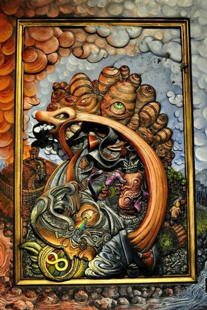 Nathan Cartwright, “The Transombulist”, Acrylic & relief sculpture, 18″ x 25″