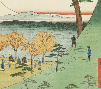 Utagawa Hiroshige, Le Mont Fuji originel Meguro, Meguro Moto-Fuji, avril 1857, détail. Gravure sur bois en couleurs, 36 x 24 cm. Brooklyn Museum, New York