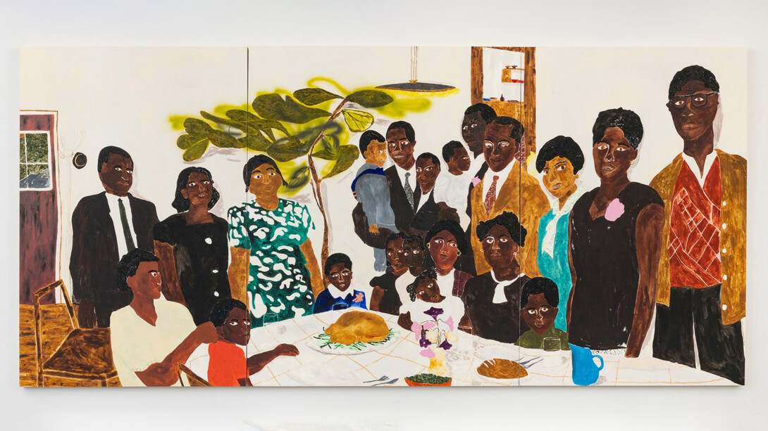 Marcus Leslie Singleton, Elliyoun 2023. Oil, spray paint, glitter, and adhesive on wood panels, Triptych, overall: 60 by 128 in. 152.4 by 325.1 cm. Courtesy of Mitchell-Innes & Nash