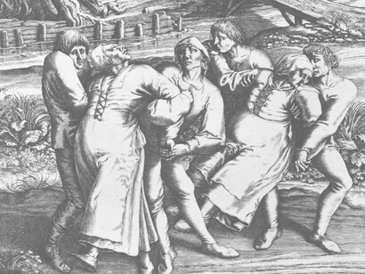 Coreomanía en una peregrinación a la Iglesia de Sint-Jans-Molenbeek. Grabado de Hendrick Hondius (1642)