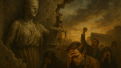 A symbolic depiction of democratic fragility, where Lady Justice cracks under rising fear, cruelty, and public despair