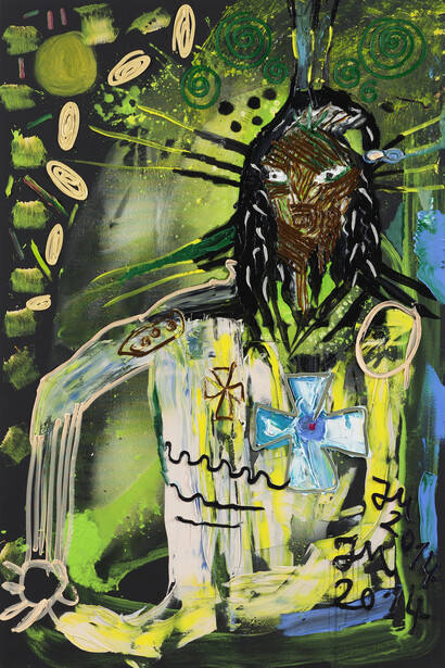 Jonathan Meese, DEIN GEHEIMKRAUT "FANZISCHERL" IM MÜNDL' VON EINER HEX'…, 2014, Oil, acrylic on canvas, 210,4 x 140,3 x 3,3 cm / 82 3/4 x 55 1/4 x 1 1/3 in, Courtesy Jonathan Meese; Sies + Höke, Düsseldorf, Photographer Jan Bauer  