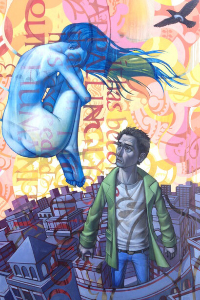 John Park, The Meeting with the Goddess, Mixed media on wood panel, framed, 36″ x 48″