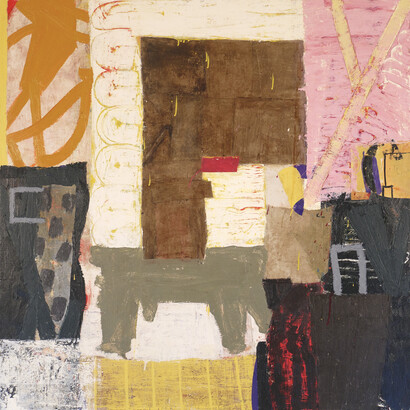 Sammy Peters, Fragment-encountered; rhythm, 2021, Oil & mixed media on canvas, 48 x 48 in. Courtesy of LewAllen Galleries