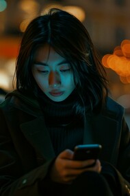 A girl sitting outside at night, her attention captured by her phone, illustrating how algorithms train the brain toward constant novelty