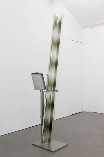 Marte Eknæs,Verticalia V, 2014, steel trash bag stand, Plexiglas tube with metallic film, 242 x 40 x 50 cm