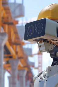 Futuristic scene featuring advanced robots revolutionizing the construction industry with high-tech automation
