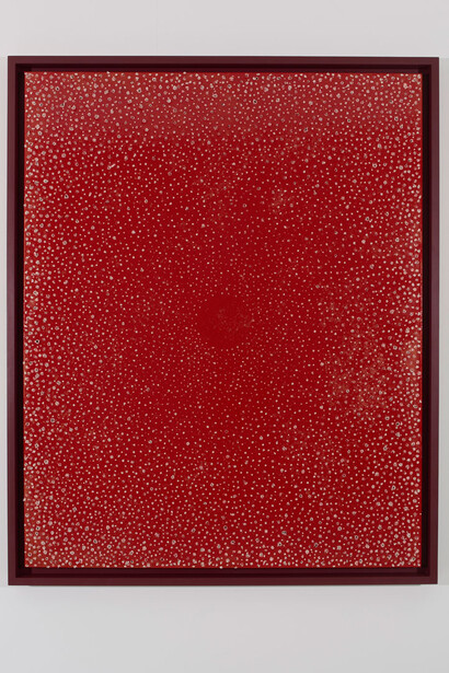 Kirstie Macleod, Mu, 2015, Red gloss and gold acrylic paint on stretched canvas with drilled holes, Image: 122.5 x 152 cm, Framed: 132 x 162 cm