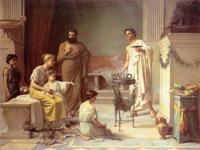 John William Waterhouse, _A sick child brought into the temple of Aesculapius_  
