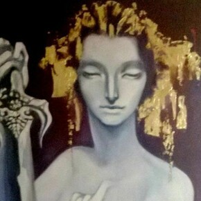 Giovanni Perrone, Giustizia, Olio su tela e foglio a oro, 150 x 100 (dettaglio)