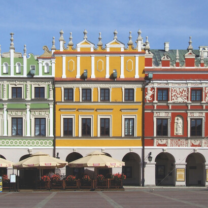 The Great Market Square in Zamość is a perfectly square plaza at the heart of the Old Town, serving as its central gathering place. It measures 100 by 100 meters,  Poland