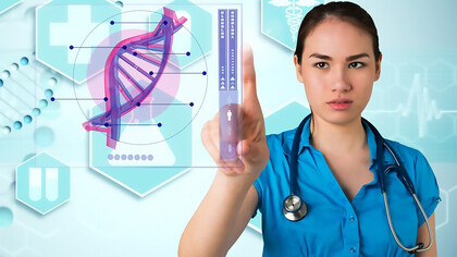 A doctor examines a medical application that highlights genetic information