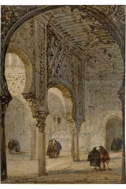 Vista del interior del Alcázar de Sevilla, Díptico con 42 Vistas Monumentales de Ciudades Españolas, Peréz Villaamil, Óleo sobre hojalata y marco neo gótico, 17,8 x 12,5 cm, Madrid, Museo Nacional del Prado