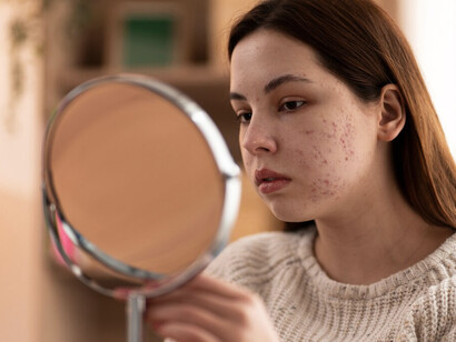 A person focusing on their skincare routine to combat acne, with a close-up of their skin texture, emphasizing the self-care journey of dealing with acne during adolescence