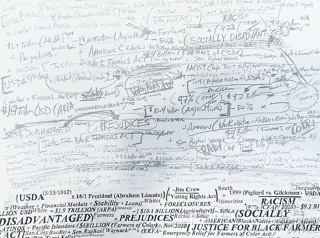 Gabriel Delgado, Farmer's COVID relief, graphite and ink on paper, mounted on canvas, 22x30 in