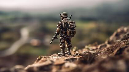 Toy soldiers aiming rifles on battlefield outdoors