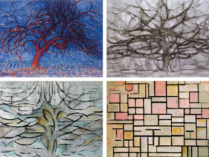 Piet Mondrian. "Avond (Sera): l'albero rosso", 1908/10; "Albero grigio", 1911; "Melo in fiore", 1912; "Composizione n° VI" (particolare), 1914