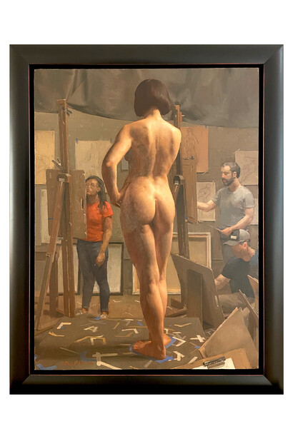 Jacob Collins, Artists Drawing Nellie, 2023, oil on canvas, 29 7/8x22 inches. Courtesy the artist and Adelson Galleries