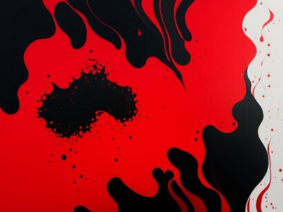 A striking abstract painting with bold strokes of red and black, featuring the word red at the bottom and evoking the raw intensity of rage