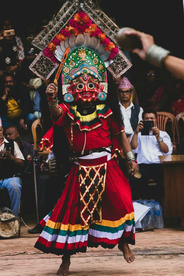 The Lakhe dance, a traditional performance in Bhaktapur, Nepal, showcases the colorful costumes and dramatic movements that bring to life the area's festive spirit and cultural traditions
