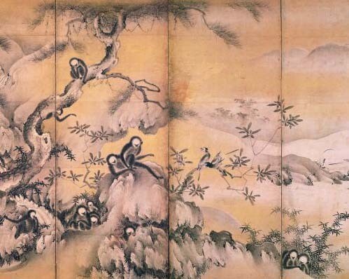 Shikibu Terutada, (attivo alla metà del XVI secolo), Scimmie che giocano lungo un torrente di montagna, Metà del XVI secolo (periodo Muromachi), Coppia di paraventi a sei ante, Inchiostro e polvere d’oro su carta, cm 148,5 x 339 (ciascun paravento), Designato importante proprietà culturale (Jūyō bunkazai), Kyōto kokuritsu hakubutsukan  (Museo Nazionale di Kyoto)

