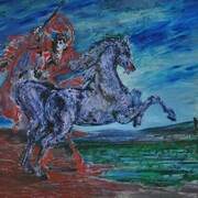 Aligi Sassu, Cavaliere al tramonto, anni 50, olio su tavola, 40 x 50 cm