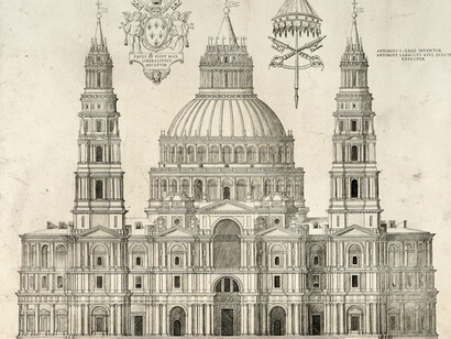 Baldo Perogino o Mario Labacco, Bulino (mm 337 x 510), "Sezione principale del progetto per San Pietro" di Antonio da Sangallo, (1548, prima versione)