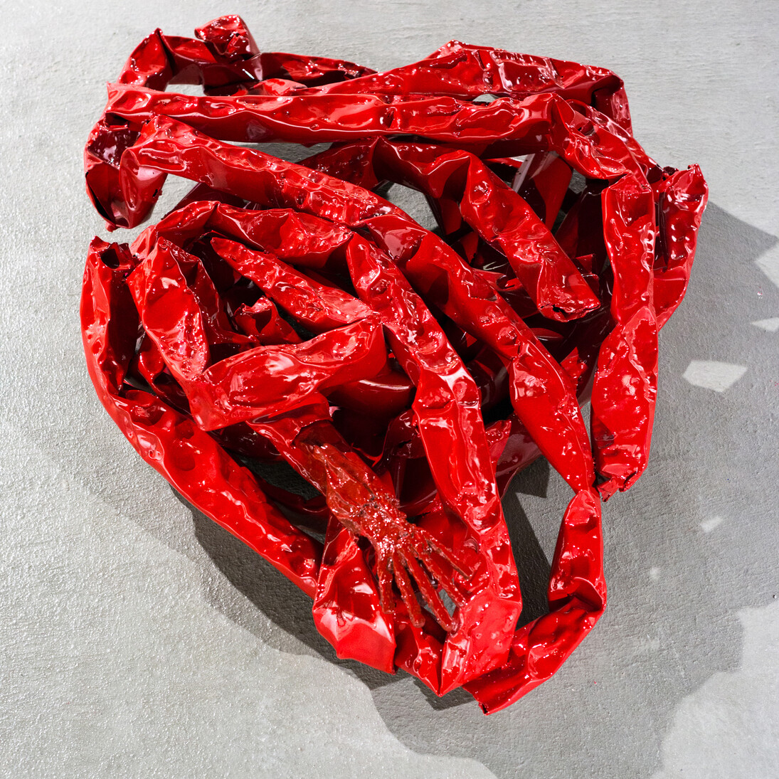 Wasil, Saddek, Happily, I wrapped those painful bonds around me, 2014, From the Contortion Series, Scrap metal, red car paint, 120 x 110 cm