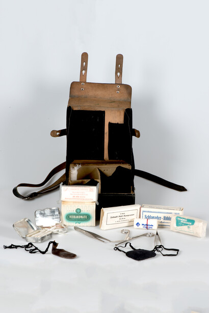 Unknown, First-aid kit, Switzerland (detail), c. 1950. Courtesy of Musée International de la Croix-Rouge et du Croissant-Rouge