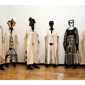 Huguette Caland, from L-R: The First, Foule, Tête-a-tête, Miroir, The Last, Tendresse, 1971 - 1975, 73 x 19 x 12 inches each, 185.5 x 48 x 30.5 cm each. Courtesy of the artist and Lombard Freid Gallery, NY