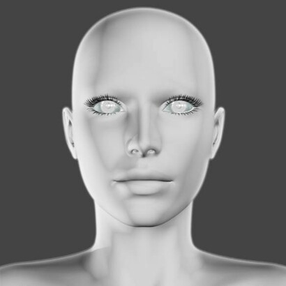 Un busto scultoreo liscio di una testa femminile, con occhi chiari e ciglia evidenti, su uno sfondo scuro