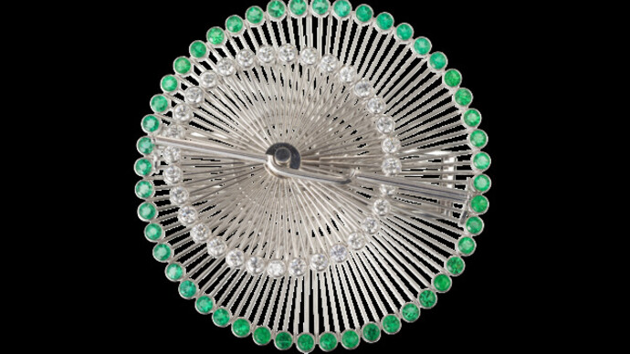 Kinetic Brooch, Friedrich Becker (1922-1997)designed in 1968, executed in 1993Düsseldorf white gold with emeralds and brilliants 3 cm