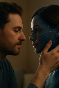 A man shares an intimate moment with his AI companion, blurring the line between human emotion and digital connection
