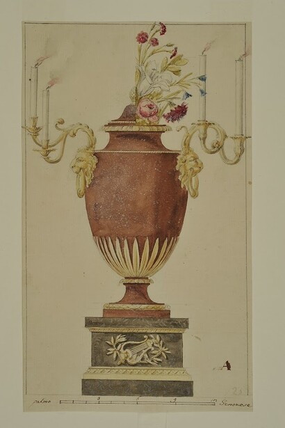 Valadier, Vaso in porfido, trasformabile in candelabro, penna, inchiostro, acquarello su carta