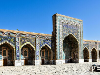 The richly decorated façade of the Tillya Kari Madrassah in Samarkand, Uzbekistan