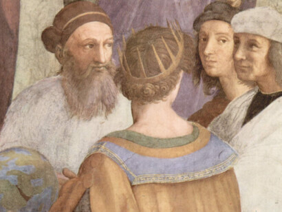 Rafael Sanzio; Detalle de 'La escuela de Atenas' (Estrabón o Zoroastro, Ptolomeo, Rafael detrá) como Apeles y El Sodoma como Protógenes)