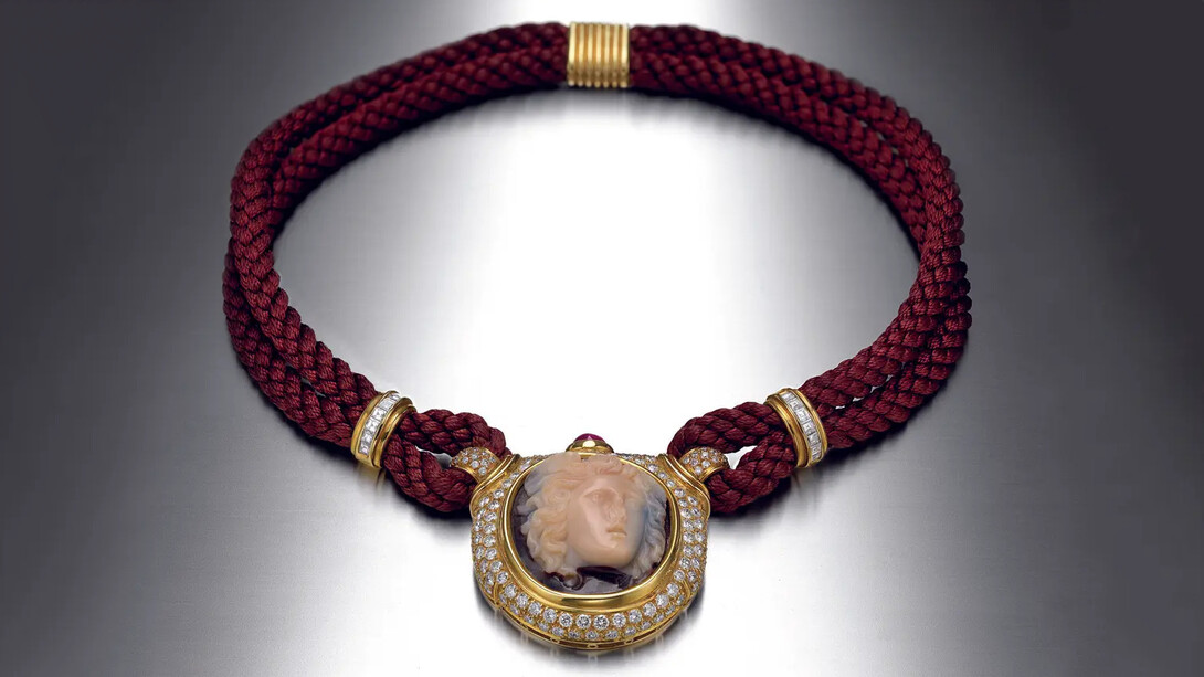 Necklace in gold with silk cord, sardonyx cameo, ruby, and diamonds, c. 1984. Courtesy of Cleveland Museum of Art