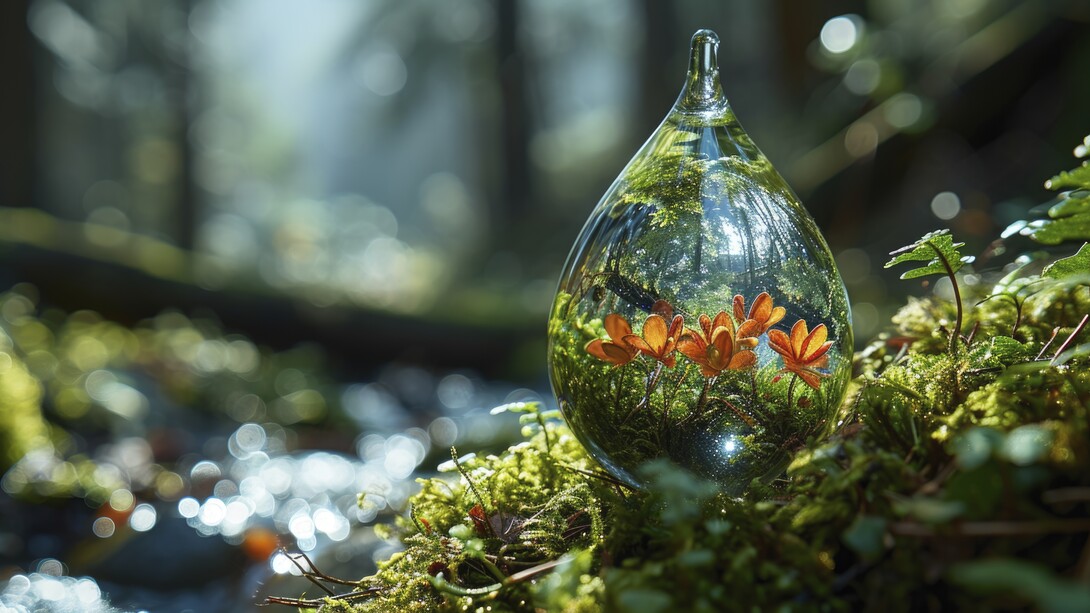Une goutte d'eau encapsulant un écosystème, symbolisant l'interconnexion de la vie et de la nature, un thème fondamental dans les débats du Cercle de Philosophie de la Nature