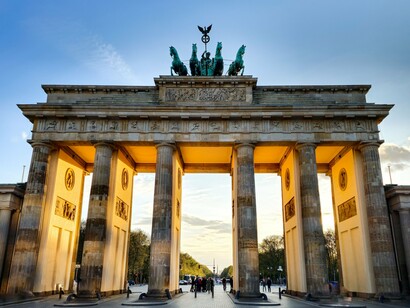 The Brandenburg Gate in Berlin, Germany, representing the nation's journey from division and conflict to unity and renewed influence in Europe