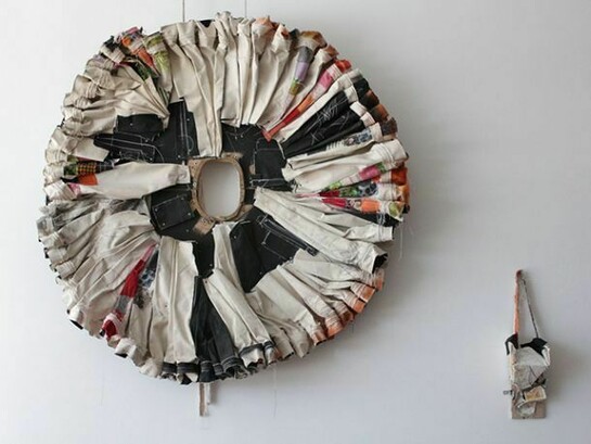 Greg Smith, Ruff, 2013, Canvas, fabric, gesso, graphite, hardware, thread, spray paint, wood, 72 x 10 in. Courtesy: Susan Inglett Gallery, NYC.
