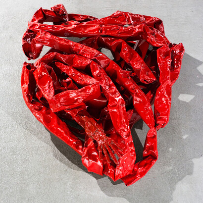 Wasil, Saddek, Happily, I wrapped those painful bonds around me, 2014, From the Contortion Series, Scrap metal, red car paint, 120 x 110 cm