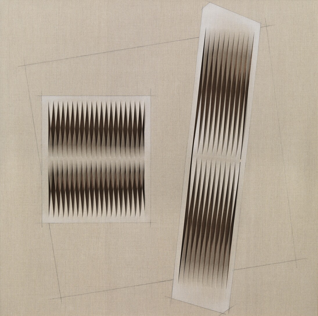 Alberto Biasi, Incontri dinimaci, 1988, acrylique sur toiles incisées, 120 x 120 cm, Courtesy Tornabuoni Art